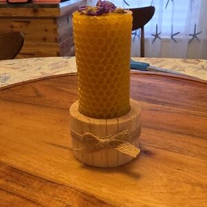 Yellow Beeswax Pillar Candle with Wooden Holder